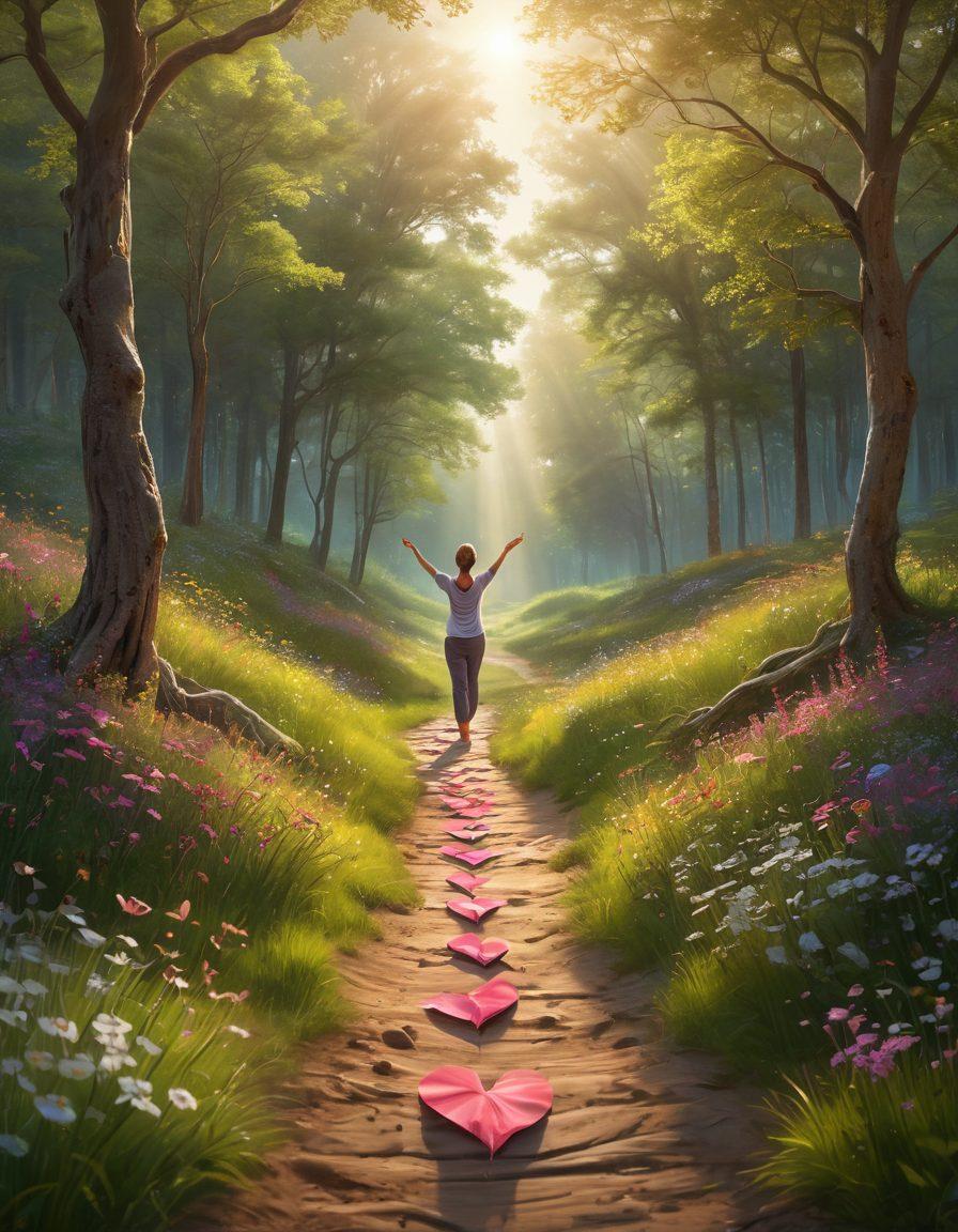 A serene landscape showing a path leading from a dark forest representing the diagnosis of cancer to a vibrant meadow symbolizing empowerment and healing, with figures practicing yoga and meditation along the way. Gentle sunlight breaks through the trees, casting a warm glow. Include elements of support such as hands holding a heart and ribbons of hope flowing in the breeze. super-realistic. vibrant colors. uplifting atmosphere.
