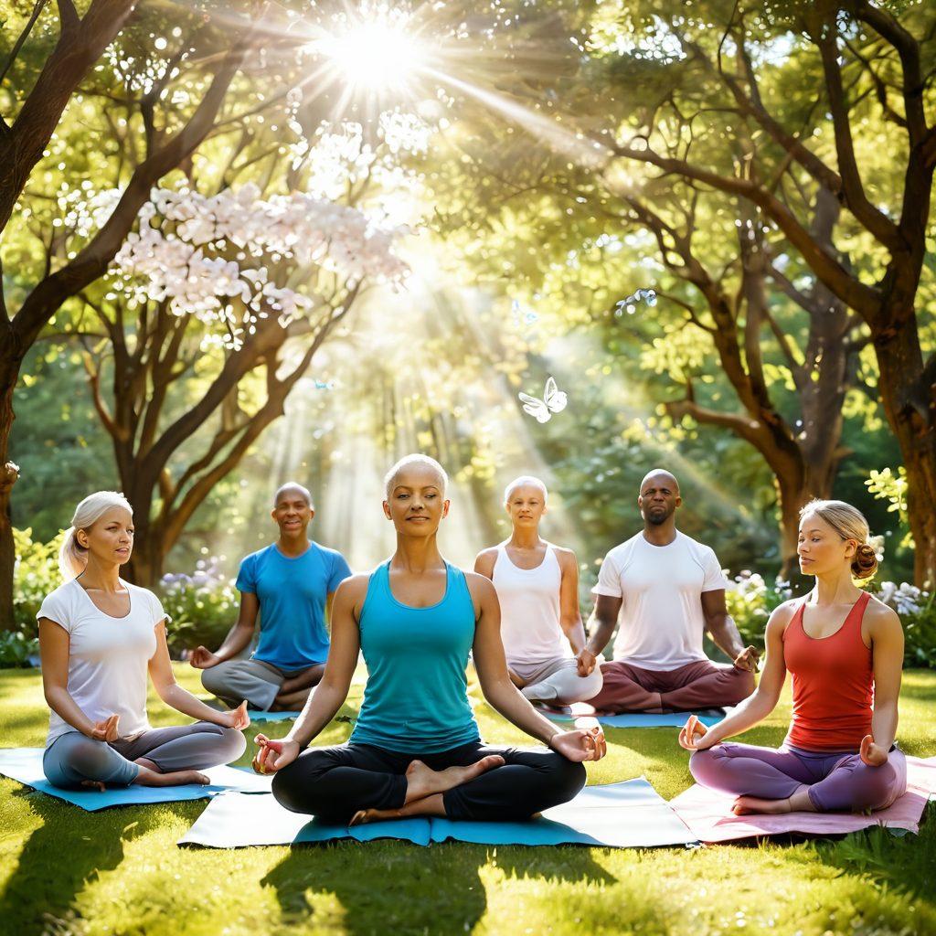 A serene and uplifting scene depicting a diverse group of cancer survivors engaged in various holistic health practices, such as yoga and meditation, in a beautiful outdoor setting with blooming flowers and sunlight filtering through trees. Include symbols of hope like butterfly wings and light rays, along with subtle graphics of medical elements like DNA strands or wellness icons in the background. convey a sense of community, strength, and healing. vibrant colors. nature background. super-realistic.